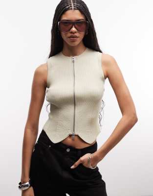 Cruz - Gilet de tailleur sans manches en maille côtelée à fermeture éclair - Vert 30-32