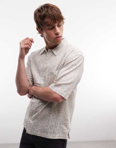 AllSaints - Cruz Leo - Camicia a maniche corte in misto lino con stampa leopardata multicolore - view 1