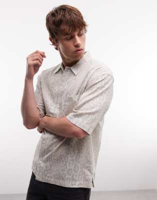 AllSaints AllSaints Cruz Leo short sleeve linen blend leopard print shirt in multi