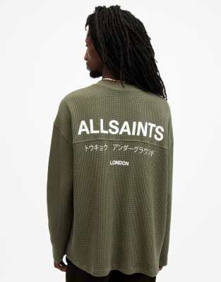 AllSaints – Crypt Underground – Langärmliges T-Shirt in Grün mit Waffelstruktur - view 1