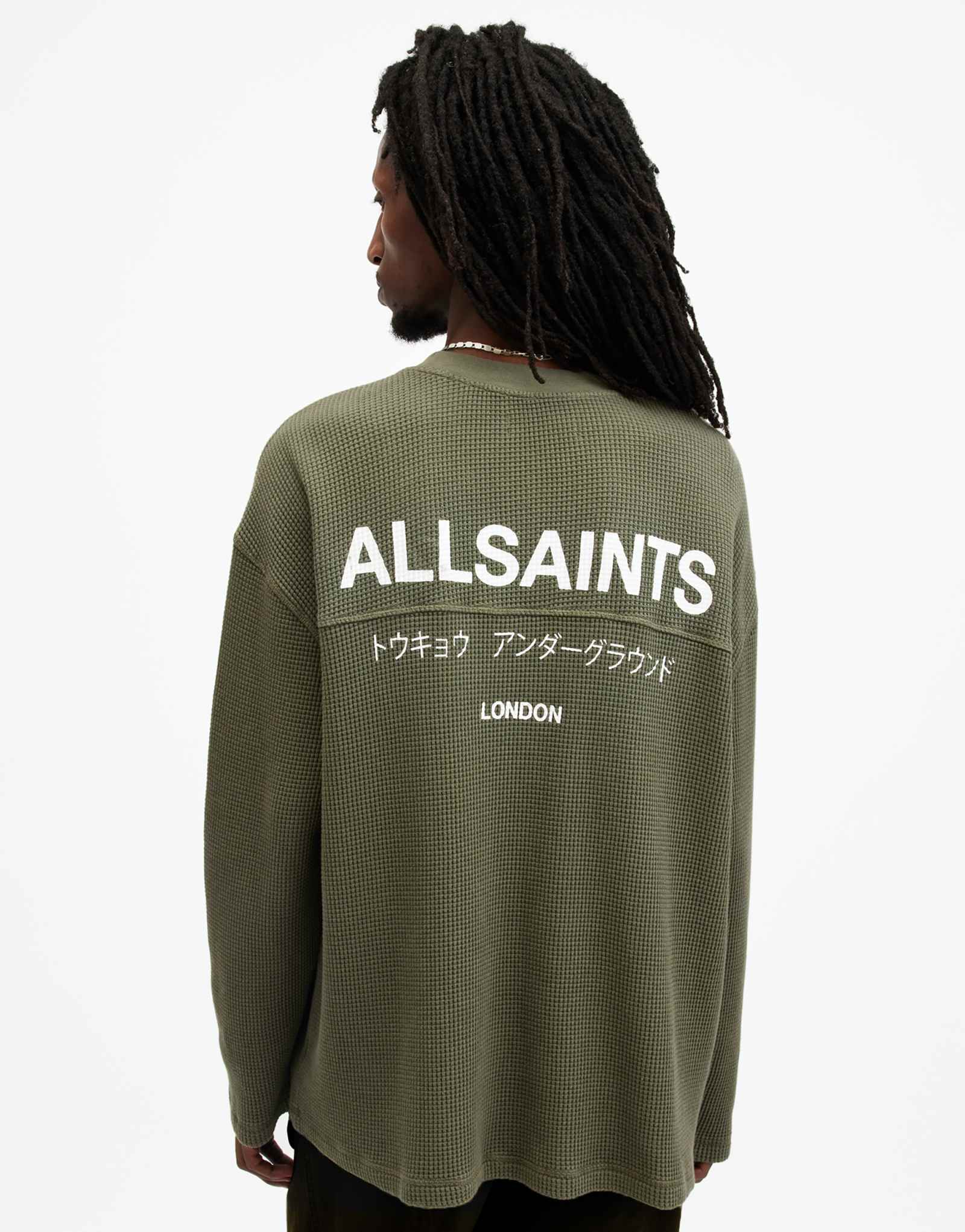 Вафельная футболка AllSaints Crypt Underground с длинным рукавом зеленого цвета