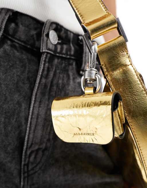 AllSaints - Custodia per AirPot oro in pelle effetto screpolata