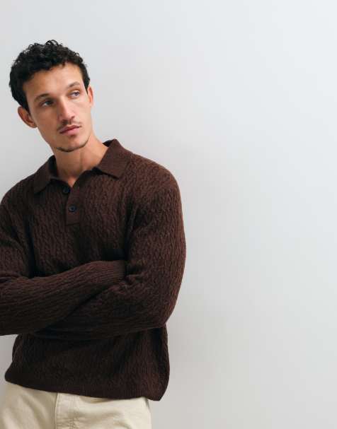 AllSaints Cyclone langærmet poloshirt i merinould i brun - view 1
