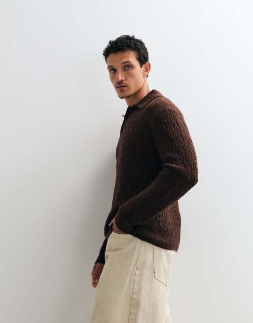 AllSaints Cyclone long sleeve merino wool blend knit polo in brown, 2 of 5