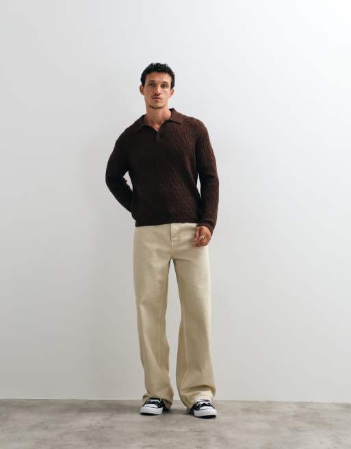 AllSaints Cyclone long sleeve merino wool knit polo in brown, 3 of 5