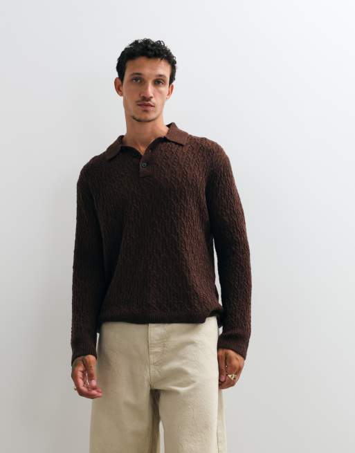 AllSaints Cyclone long sleeve merino wool knit polo in brown, 4 of 5