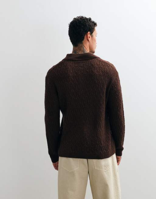 AllSaints Cyclone long sleeve merino wool knit polo in brown, 5 of 5