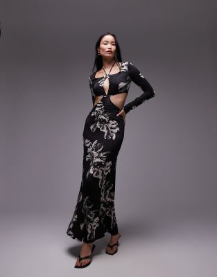 AllSaints Cynthia cut out maxi dress in black print