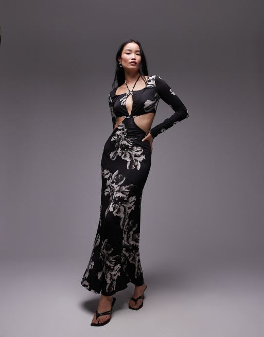 AllSaints – Cynthia – Czarna sukienka maxi we wzór z wycięciem