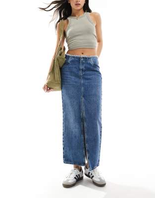 Allsaints Cyra Double Slit Denim Maxi Skirt In Mid Wash Blue