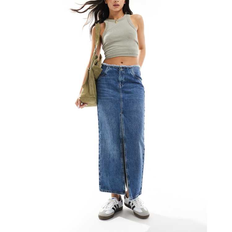 AllSaints Cyra double split denim maxi skirt in mid wash