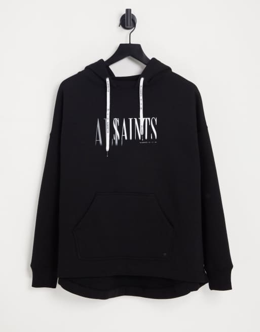 AllSaints – Czarna bluza z kapturem i logo w stylu vintage