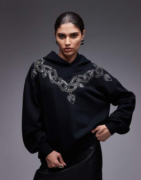 AllSaints – Czarna bluza z kapturem z ozdobnym nadrukiem - view 1