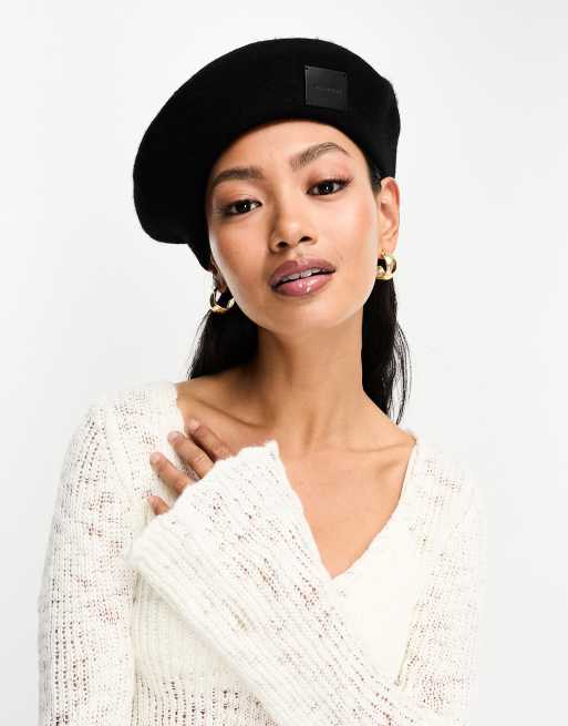 AllSaints – Czarny filcowy beret ze skórzanym logo, 4 z 4