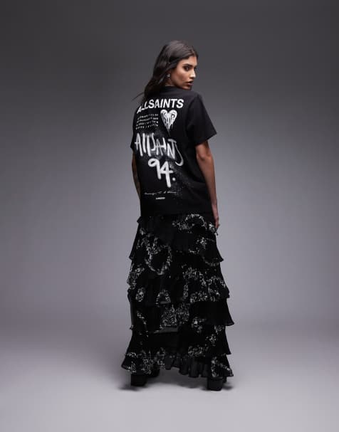 AllSaints – Czarny T-shirt o fasonie boyfriend z grafiką plakatu - view 1