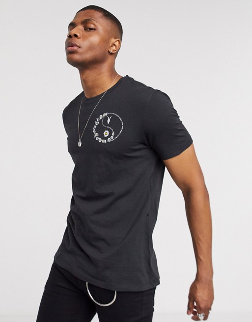 AllSaints daisy chain print logo t-shirt in black