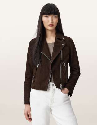 AllSaints - Dalby - Bikerjacke aus Wildleder in Fango-Braun-Brown
