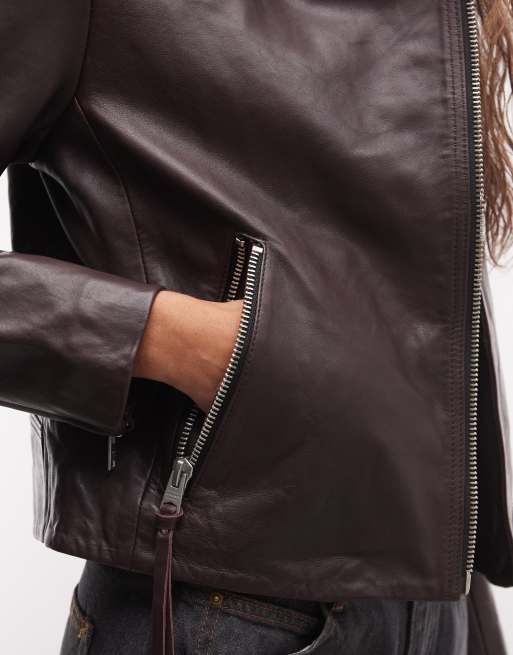 AllSaints Dalby lamsleren bikerjack in bordeauxrood, 2 van 4