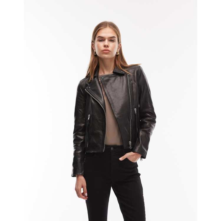 AllSaints Dalby leather moto jacket in black/silver | ASOS