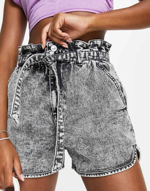 AllSaints Dale tie waist denim shorts acid wash black, 3 of 4