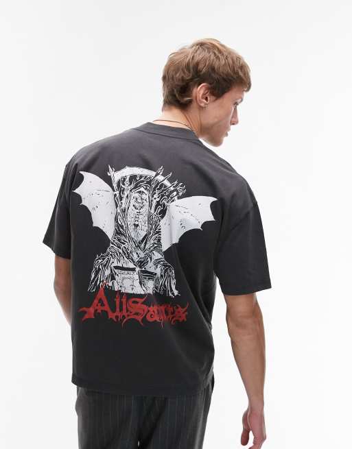 AllSaints – Damienz – T-Shirt in verwaschenem Schwarz mit Print