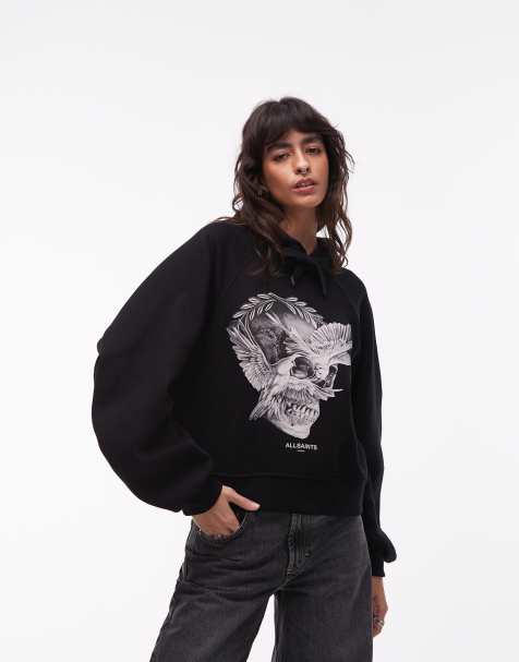 AllSaints – Dana – Czarna bluza z kapturem i grafiką z motywem czaszki i ptaka - view 1