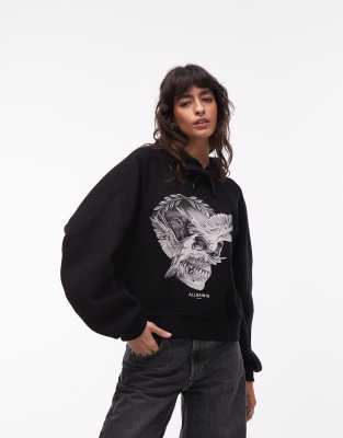 AllSaints - Dana - Kapuzenpullover in Schwarz mit Print