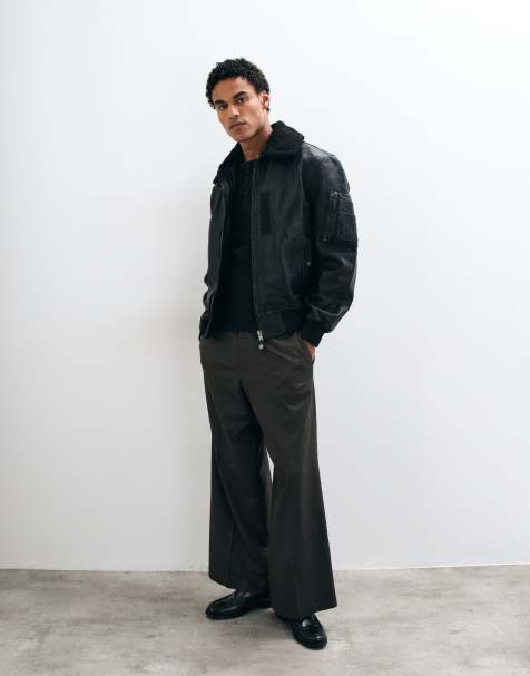 AllSaints Darby fur collar leather flight bomber jacket in black - view 1