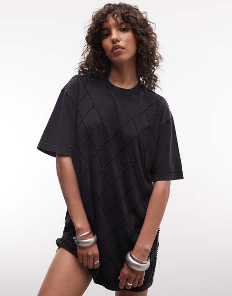 AllSaints - Darcy - Robe t-shirt courte à manches courtes avec détail à strass - Noir délavé - view 1