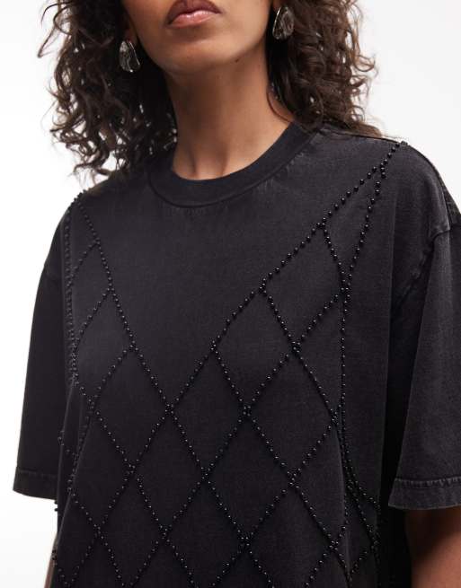 AllSaints - Darcy - Vestito T-shirt corto a maniche corte nero slavato con strass, 3 di 4