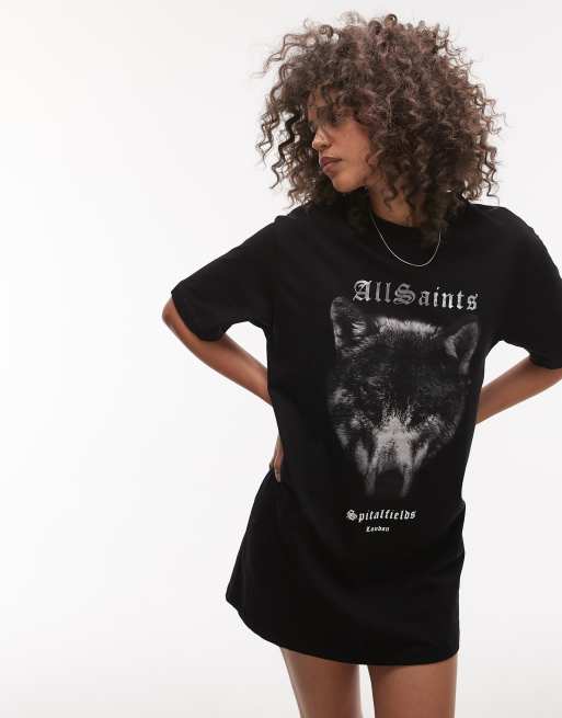 AllSaints Dawn wolf print t-shirt dress in black | ASOS