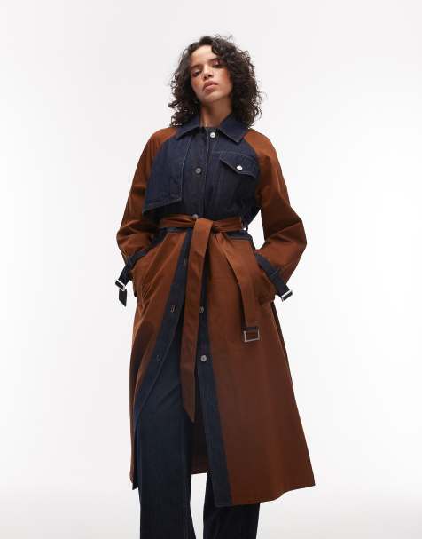 AllSaints – Dayly – Brun, mörktvättad trenchcoat i denim med färgblock och skärp - view 1