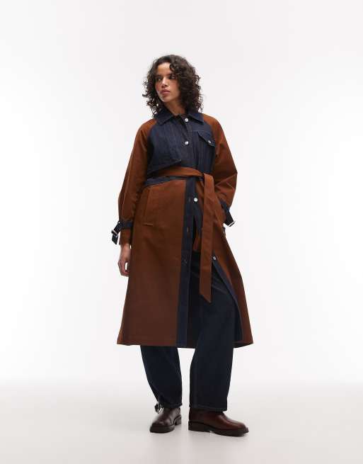 AllSaints dayly colourblock belted trench coat in dark wash denim and brown, 2 of 4