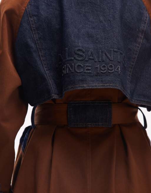 AllSaints dayly colourblock belted trench coat in dark wash denim and brown, 3 of 4
