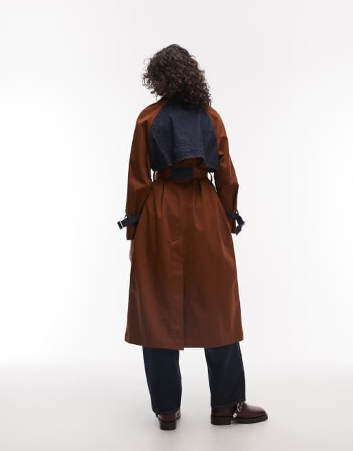 AllSaints dayly colourblock belted trench coat in dark wash denim and brown, 4 of 4