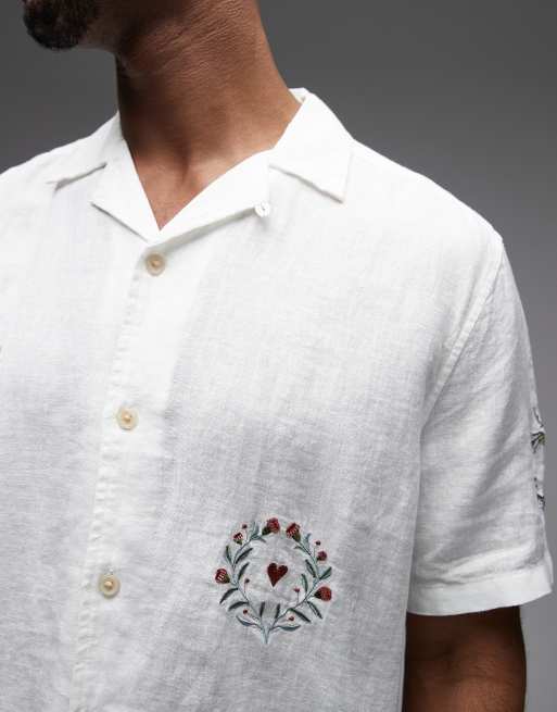 AllSaints - Deck - Ecrufarvet skjorte med korte ærmer og broderier i hør, 5 af 5
