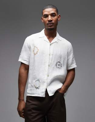 AllSaints Deck short sleeve linen embroidered shirt in ecru ecru 35790₽