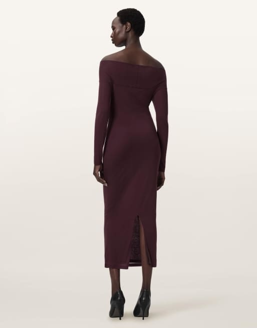 AllSaints - Delta - Jersey jurk in bordeauxrood, 3 van 7