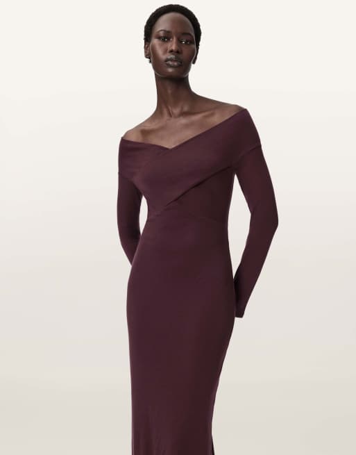 AllSaints - Delta - Jersey jurk in bordeauxrood, 4 van 7