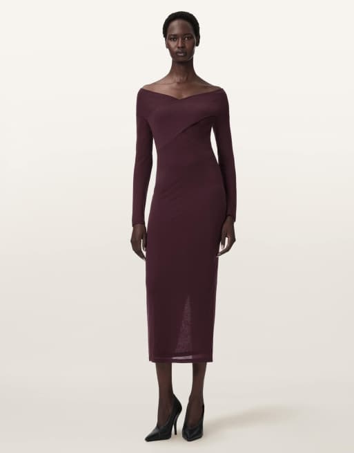 AllSaints - Delta - Jersey jurk in bordeauxrood, 7 van 7