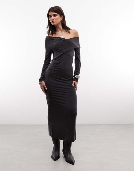 AllSaints Delta long sleeve cupro midi dress in washed black, 2 of 4