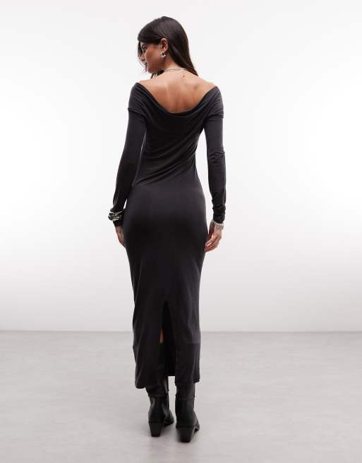 AllSaints Delta long sleeve cupro midi dress in washed black, 4 of 4