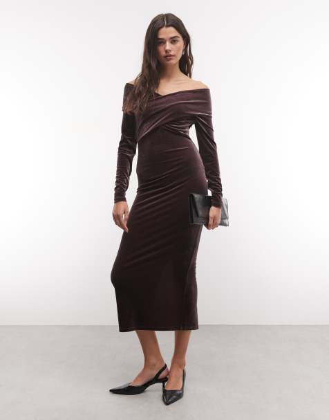AllSaints Delta long sleeve velour midi dress in burgundy - view 1