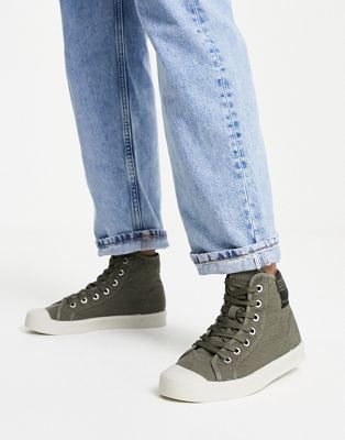AllSaints Demmy high top lightweight trainers in khaki - ASOS Price Checker