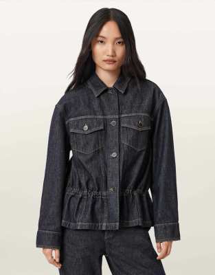 AllSaints - Denby - Truckerjacke mit Schößchen in Raw Indigo Blue-Blau