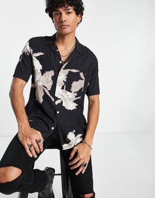 AllSaints Dendritic short sleeve shirt in black with floral print