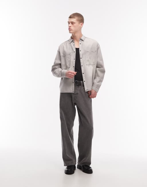 AllSaints - Denim overhemd van canvas met lange mouwen in lichtgrijs met wassing, 2 van 5