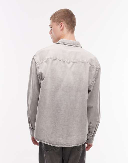 AllSaints - Denim overhemd van canvas met lange mouwen in lichtgrijs met wassing, 3 van 5