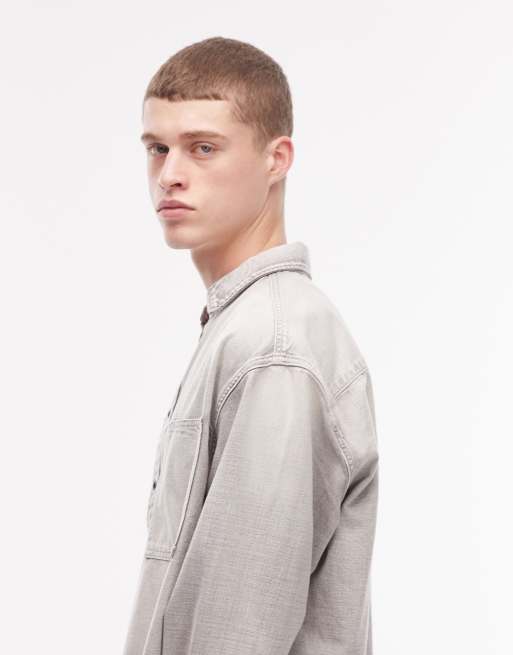 AllSaints - Denim overhemd van canvas met lange mouwen in lichtgrijs met wassing, 4 van 5