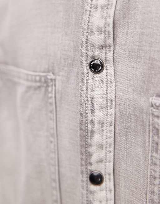 AllSaints - Denim overhemd van canvas met lange mouwen in lichtgrijs met wassing, 5 van 5
